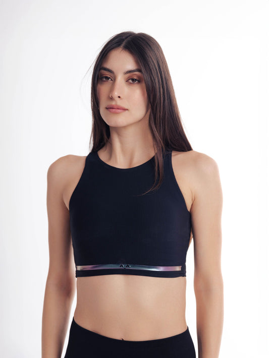 StriveFlex Sports Bra Open Back Top in Black