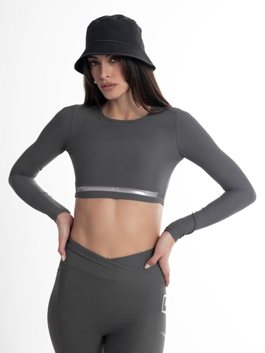 EleganceStretch Long Sleeve Grey Top