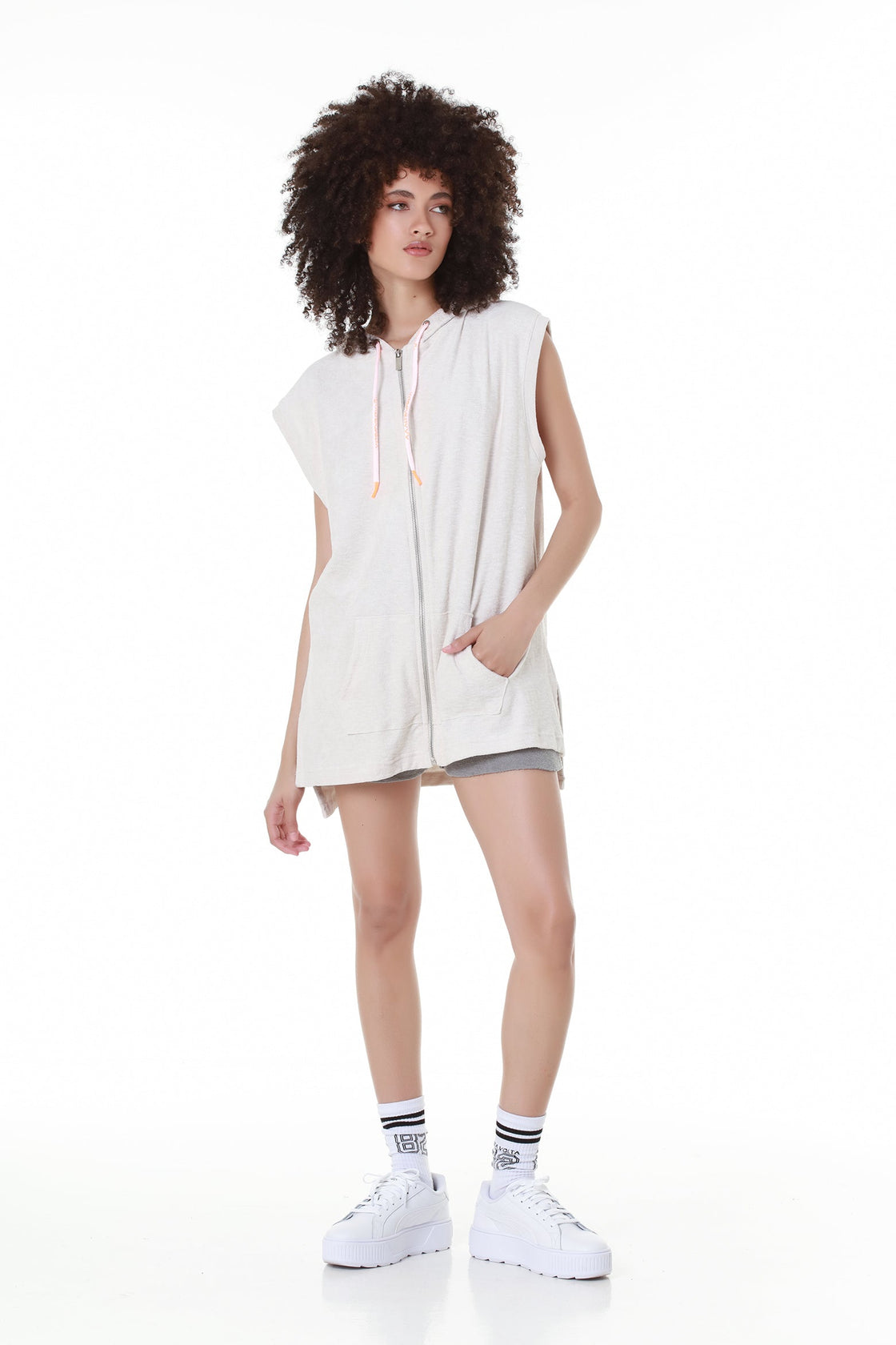 Sleeveless Terry Cotton OffWhite Hoodie