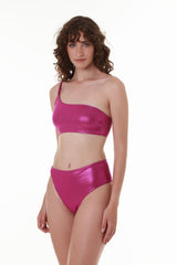 Metallic Asymmetry Fuchsia High Waisted Bikini