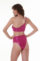 Metallic Asymmetry Fuchsia High Waisted Bikini