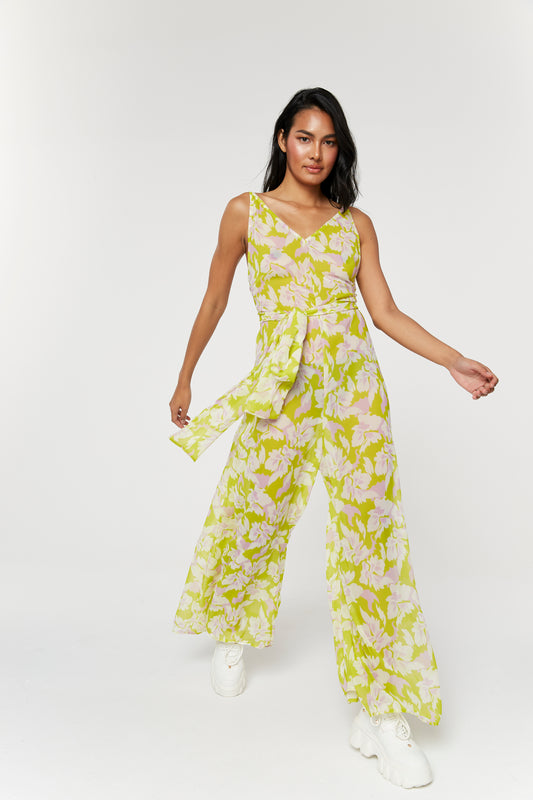 Yellow Wide Leg Jumpsuit With Waist Belt