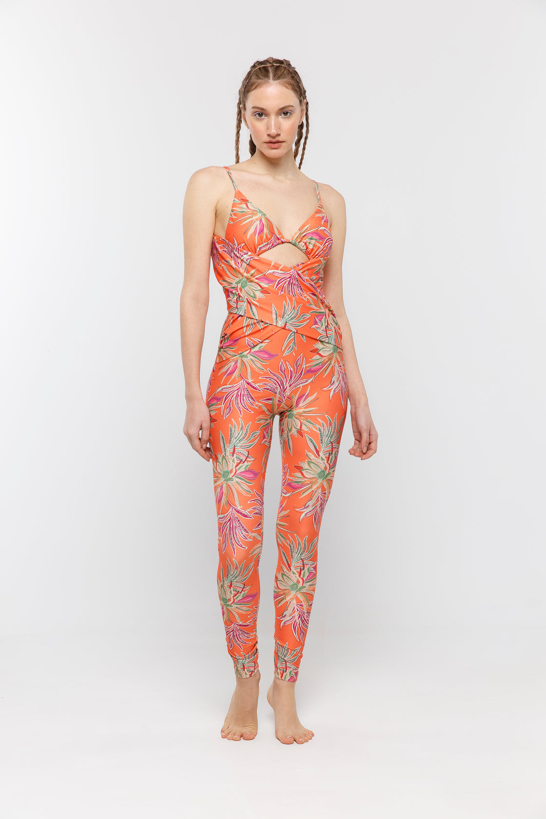 Tropic Glam Fusion Coral Plume Print Jumpsuit With Bikini Top