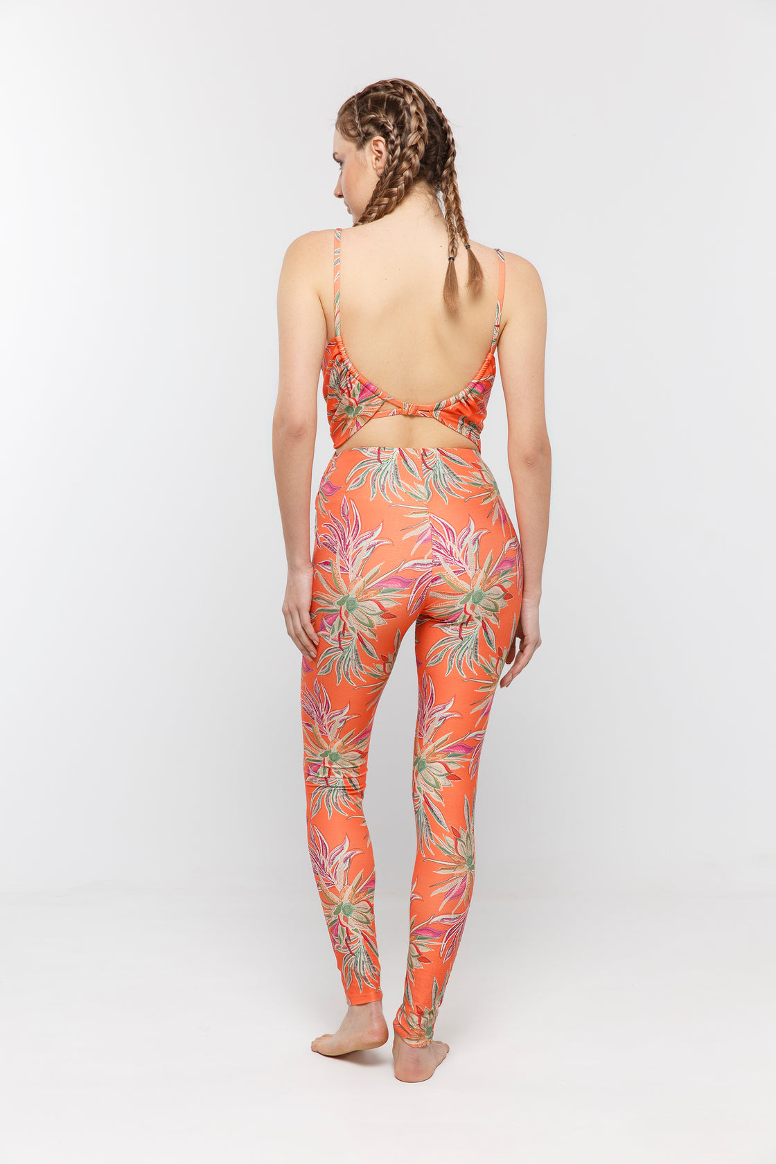 Tropic Glam Fusion Coral Plume Print Jumpsuit With Bikini Top