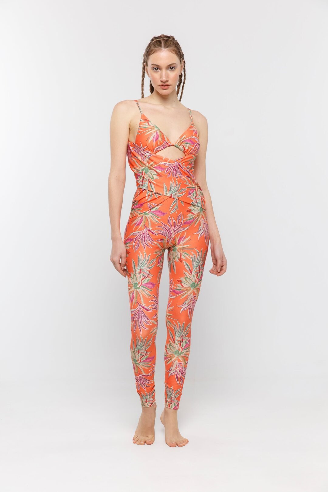 Tropic Glam Fusion Coral Plume Print Jumpsuit With Bikini Top